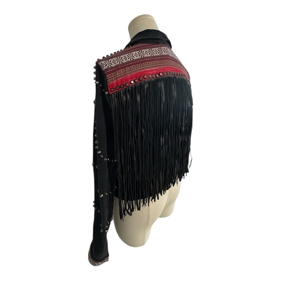 GUESS Black Denim Jean Jacket Leather Fringe Studded Size M Western Concert Stud - Picture 2 of 10